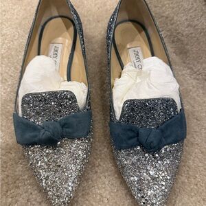 Jimmy Choo Glitter Loafers with Blue Bow